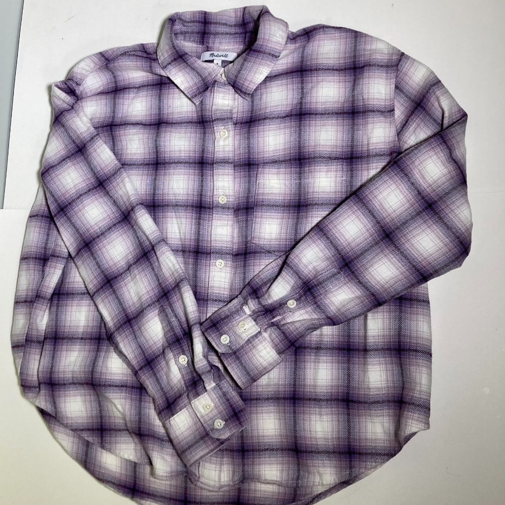 Madewell Flannel Shirt Women's Medium PurpleWhite Plaid Checkered Pockets Button